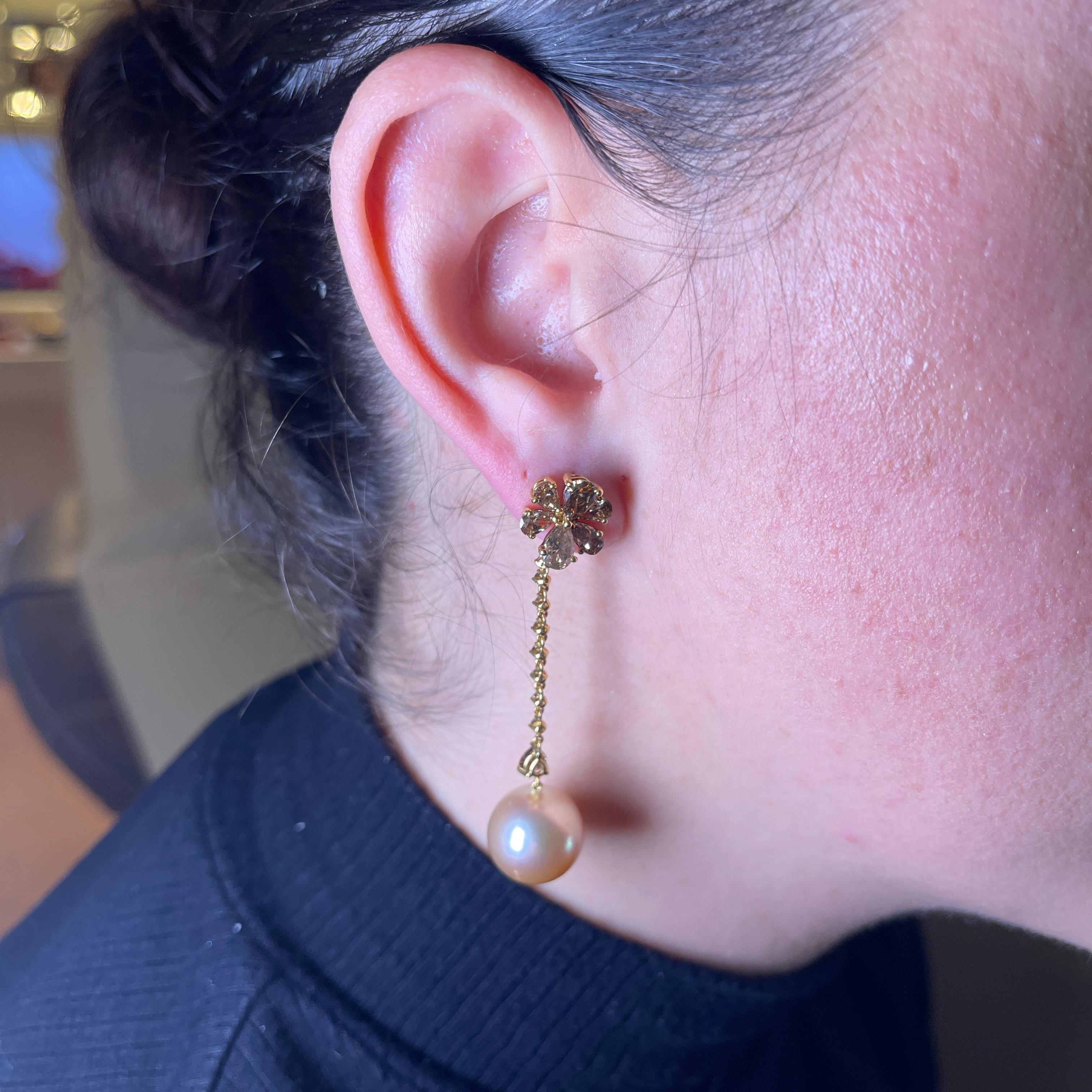 Women's or Men's 18K Gold Drop Earrings with Yellow Pearls and Champagne Diamonds For Sale