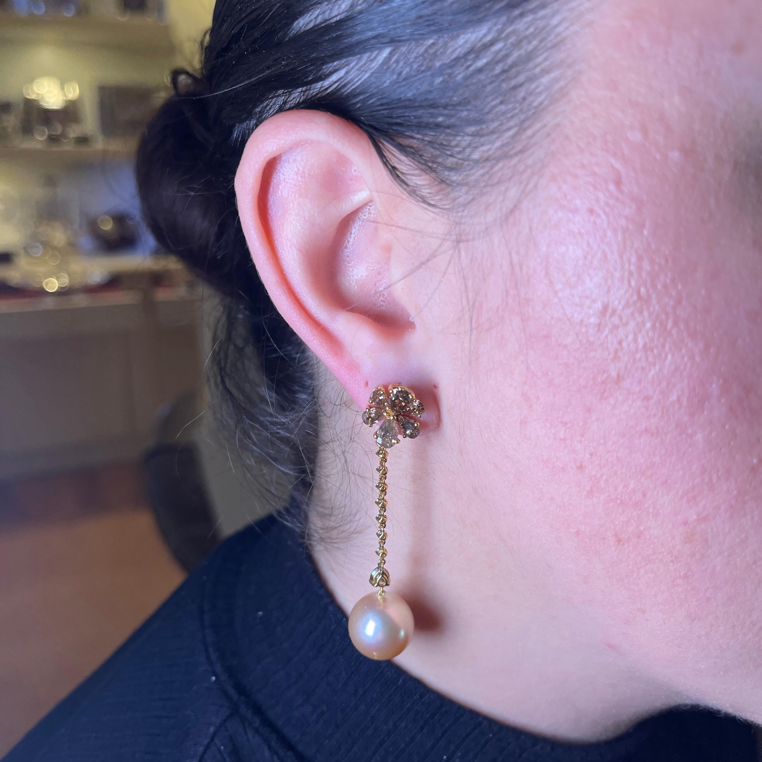 18K Gold Drop Earrings with Yellow Pearls and Champagne Diamonds For Sale 1