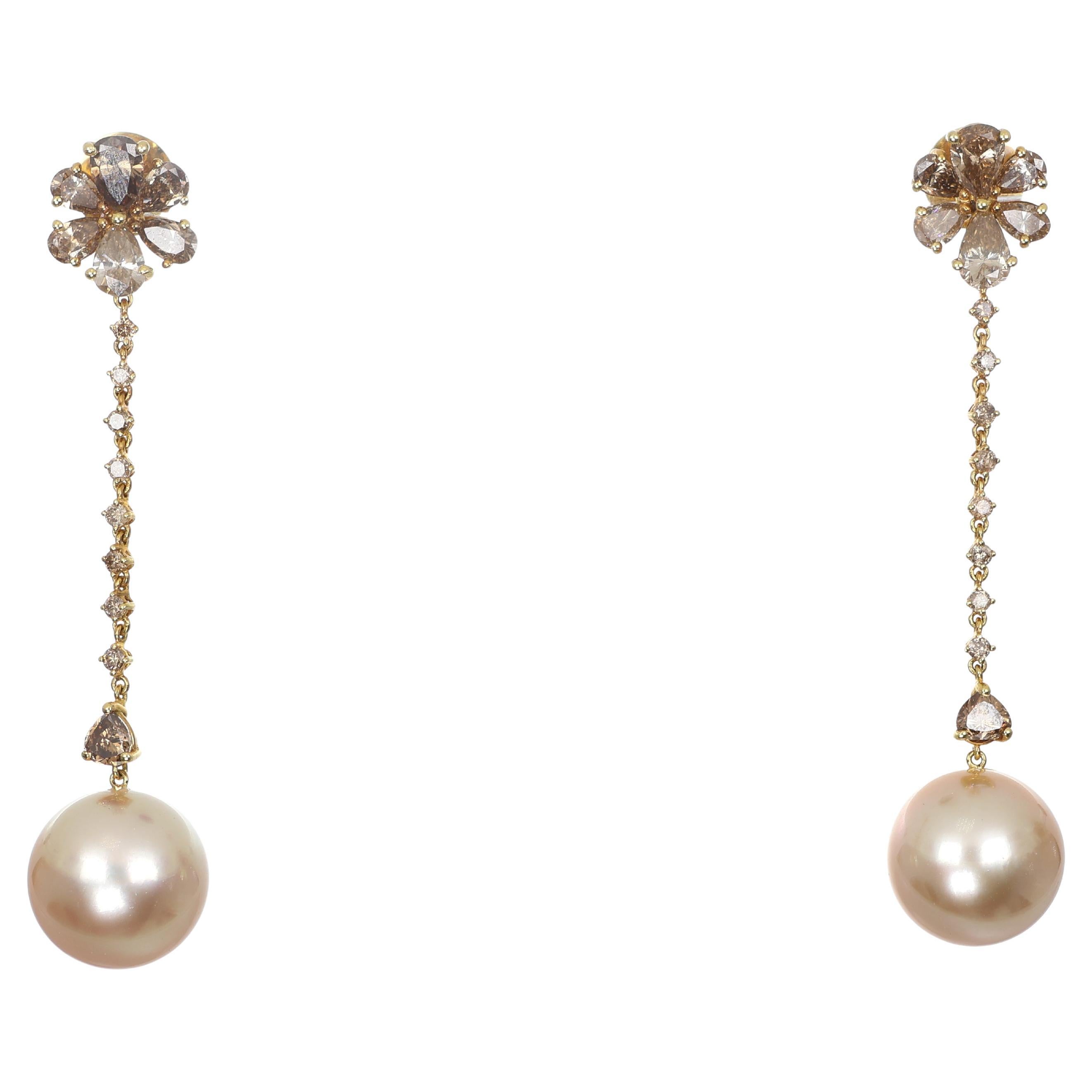 18K Gold Drop Earrings with Yellow Pearls and Champagne Diamonds