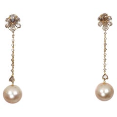 18K Gold Drop Earrings with Yellow Pearls and Champagne Diamonds