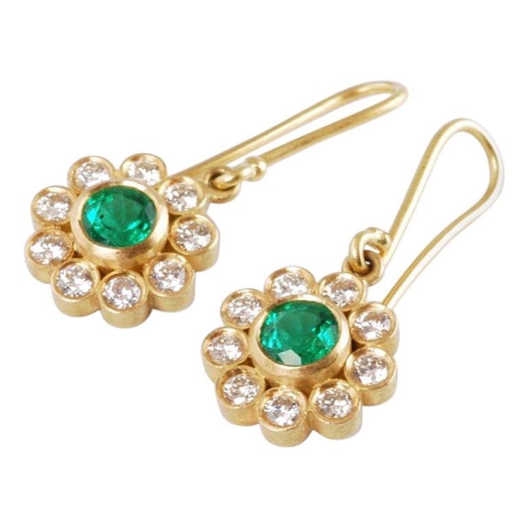 18k Gold emerald and diamond Drop Flower Earrings  For Sale