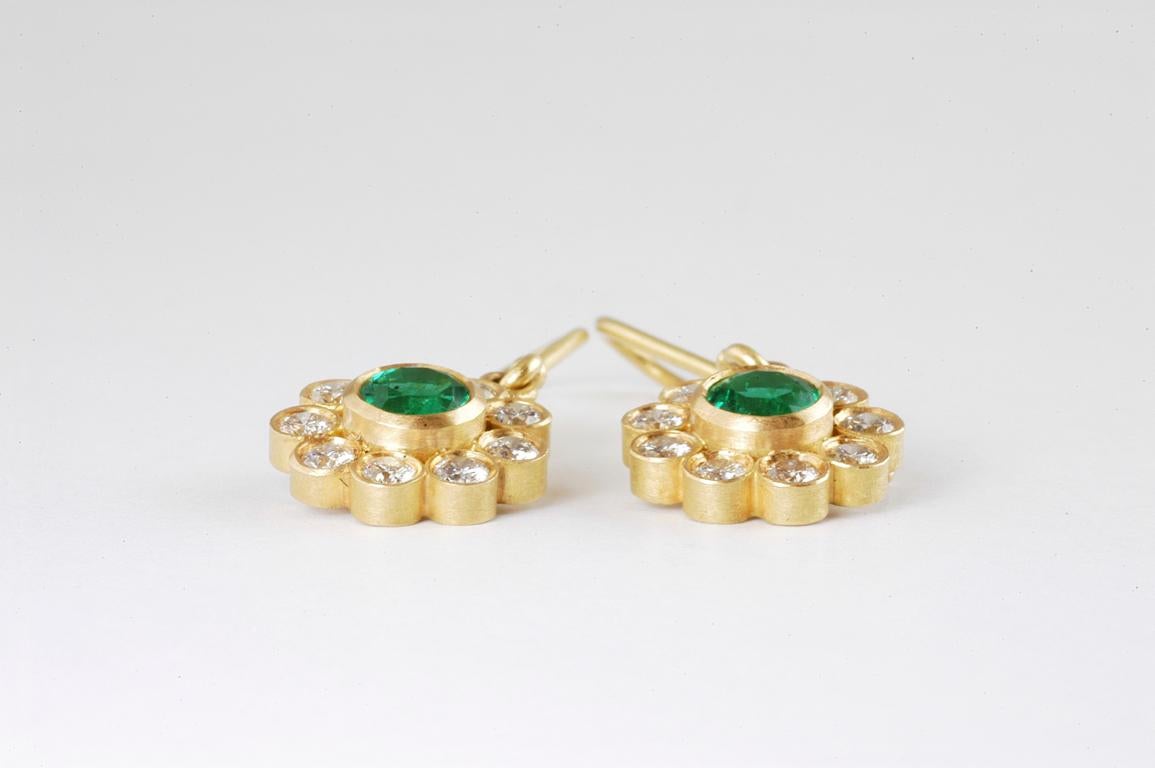 Emerald Cut 18k Gold emerald and diamond Drop Flower Earrings  For Sale