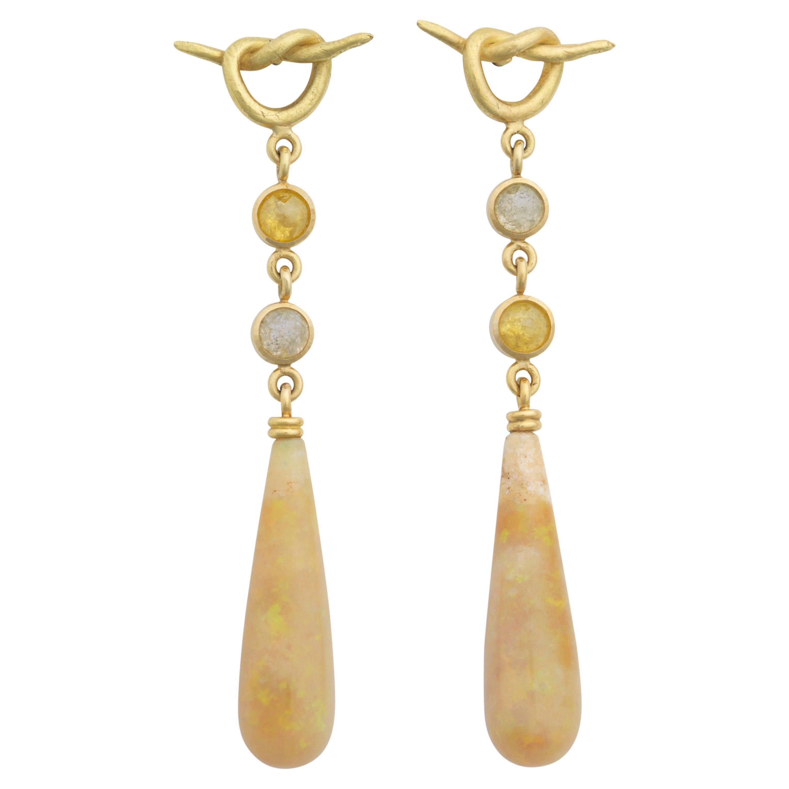18k Gold Drop "Knot" Earrings with Rose Cut Diamonds and Honey Opal For Sale