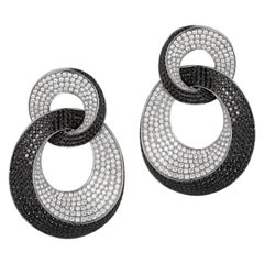 18K Gold Drop Loop Earrings, 1, 044 Black & White Diamonds Weighing 8.76 Carat