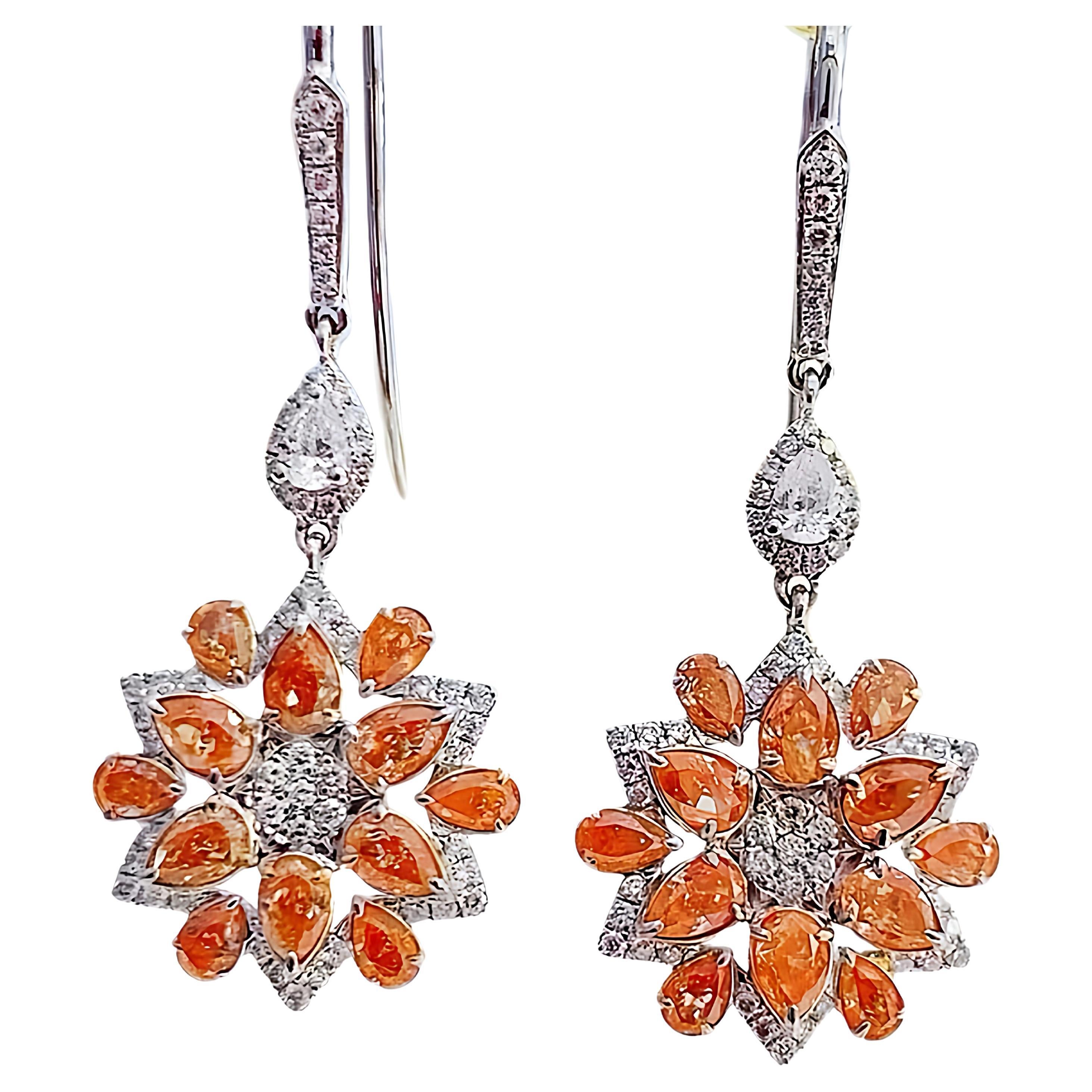 18K White Gold Pear-Cut Vivid Orange Diamond Sunflower Earrings For Sale