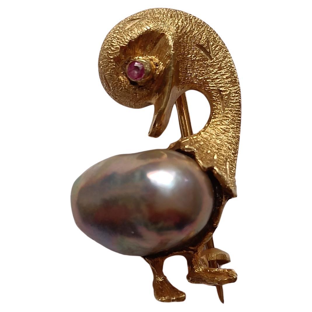 18k Gold Duck Brooch Pin with Tahitian Pearl - Vintage Animal Gold Brooch - 1970