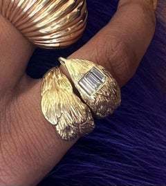 18k Gold Eagle Ring with 3 Row Baguette Diamond Head and Pave Diamond Side Cheek