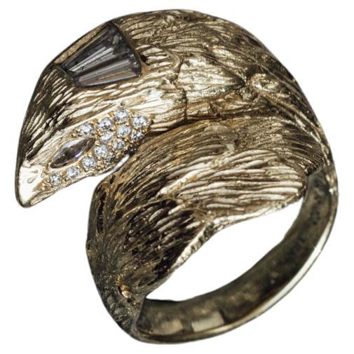 18k Gold Eagle Ring with 3 Row Baguette Diamond Head and Pave Diamond Side Cheek For Sale