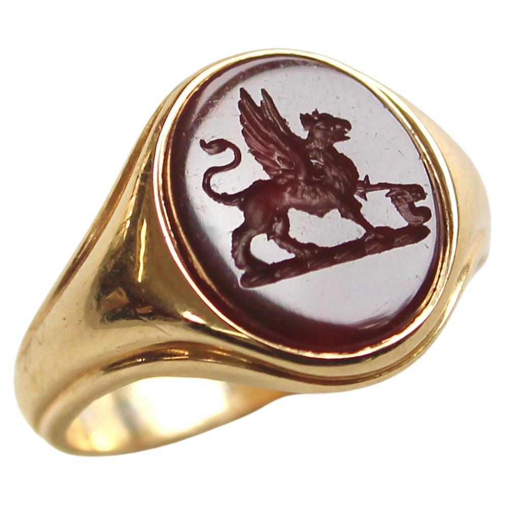 18K Gold Early Victorian Agate Griffin Intaglio Signet Ring  For Sale