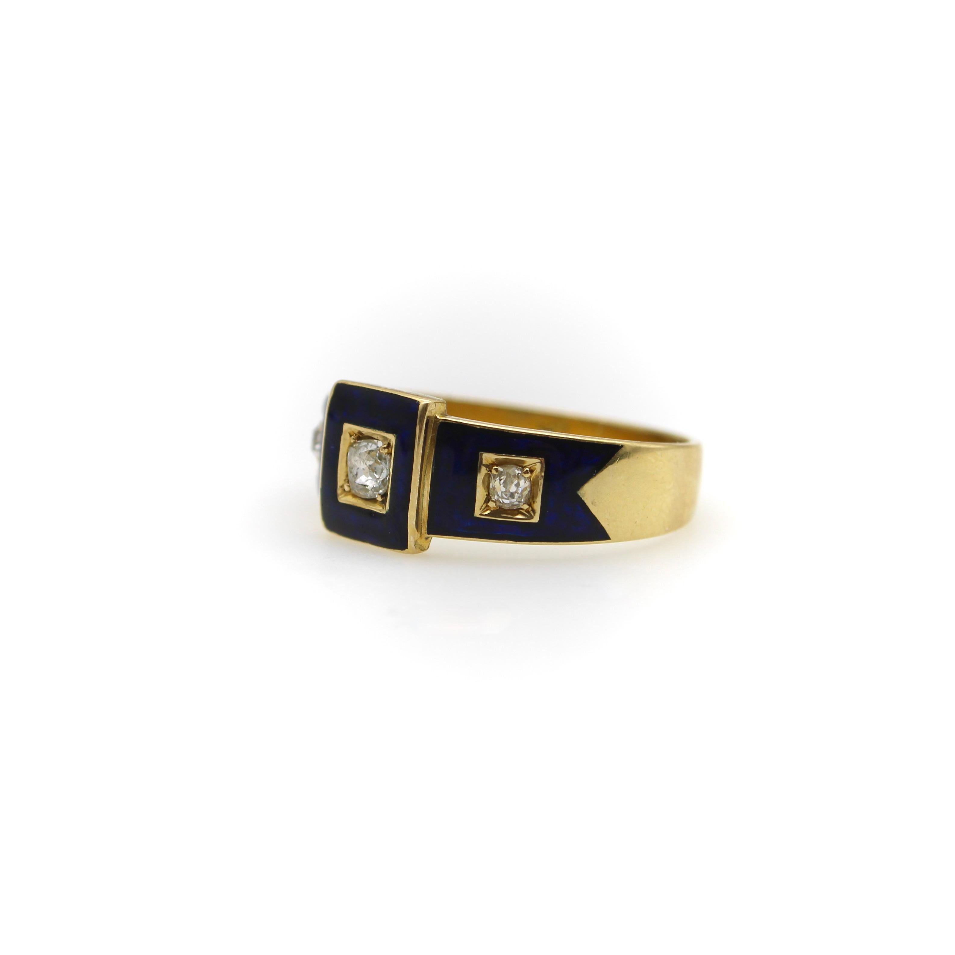 Old Mine Cut 18K Gold Early Victorian Diamond Trilogy Ring with Blue Enamel Details  For Sale