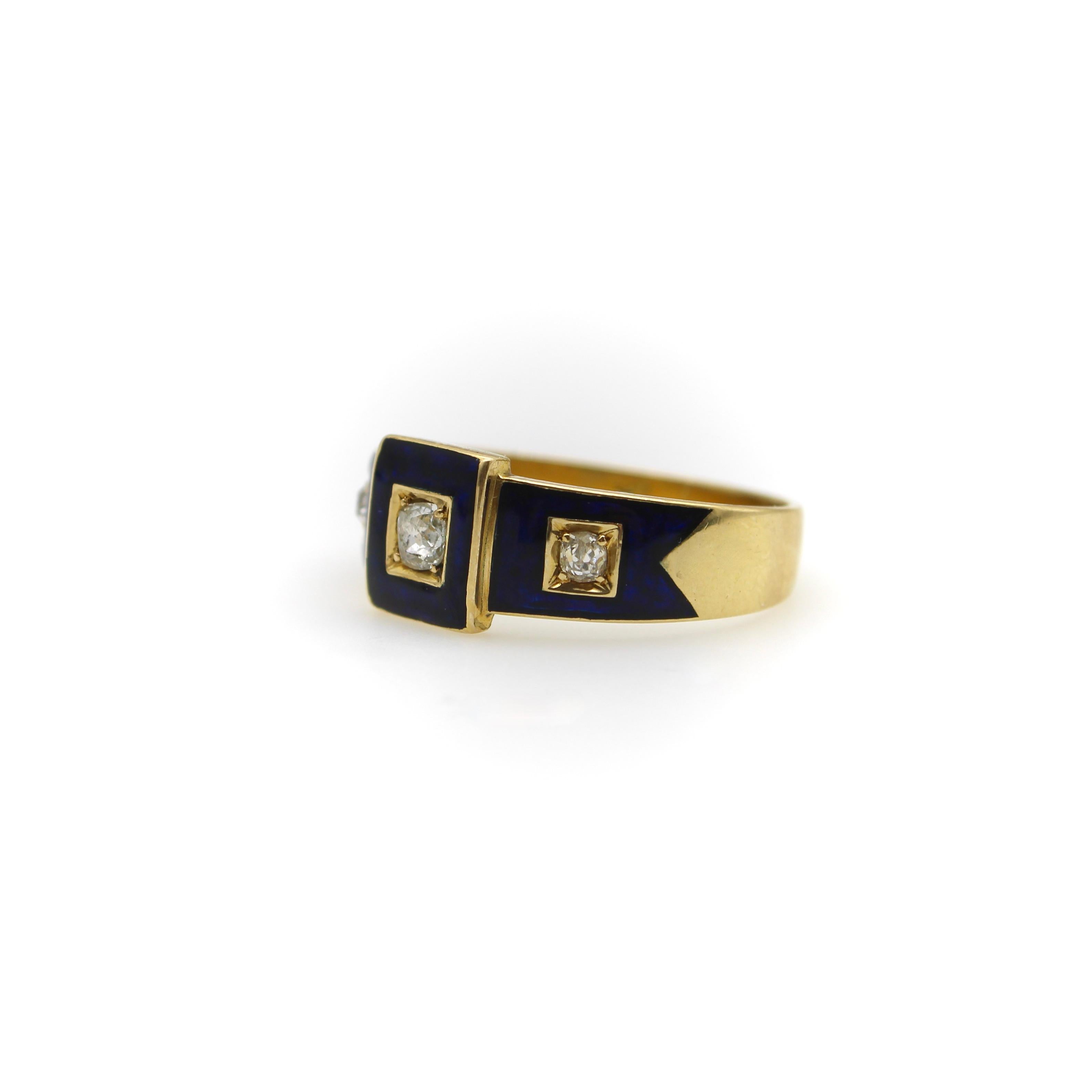 Old Mine Cut 18K Gold Early Victorian Diamond Trilogy Ring with Blue Enamel Details For Sale