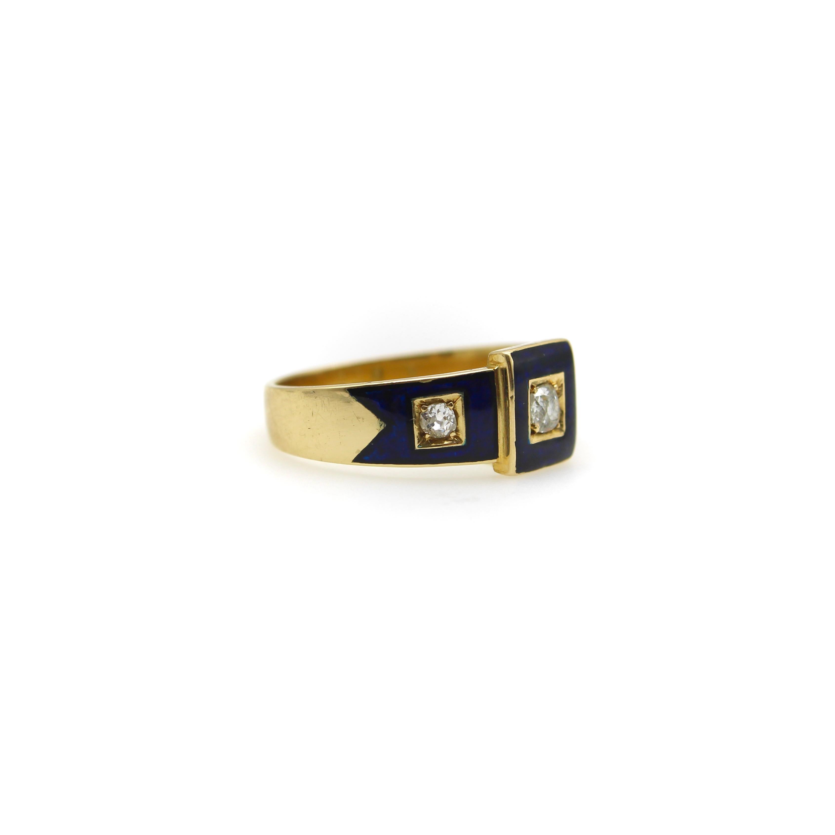 18 Karat Gold Frühviktorianischer Diamant Trilogy-Ring mit blauen Emaille-Details  im Zustand „Gut“ im Angebot in Venice, CA