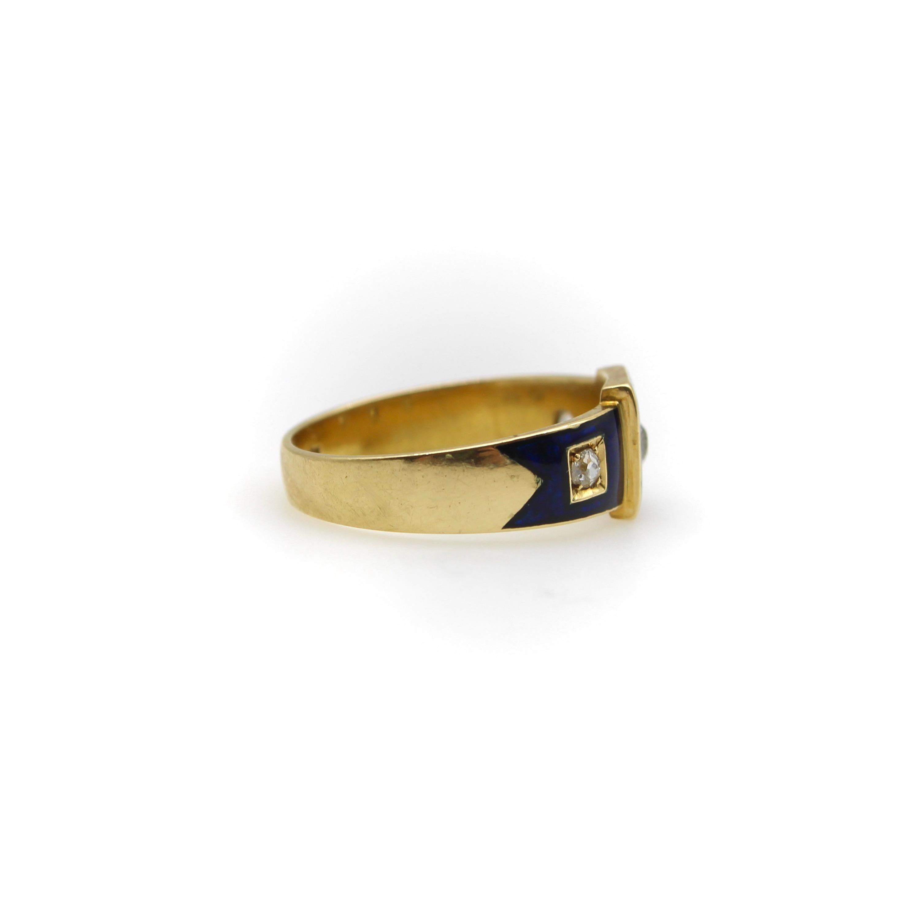 18K Gold Early Victorian Diamond Trilogy Ring with Blue Enamel Details For Sale 3