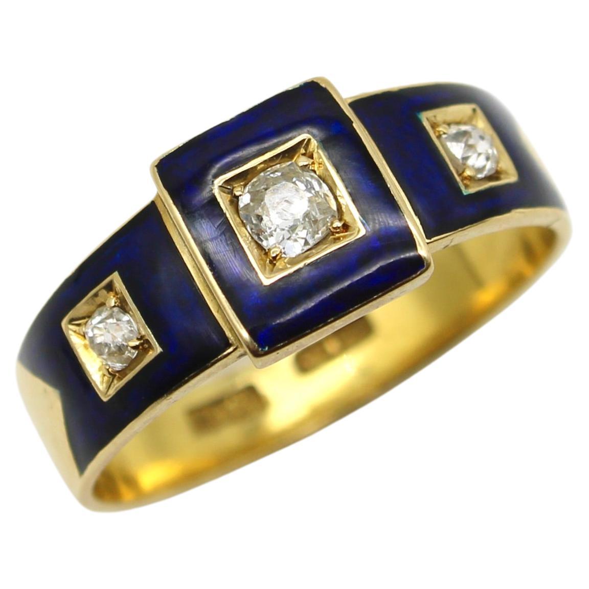 Bague trilogie de diamants du début de l'ère victorienne en or 18 carats avec détails en émail bleu 