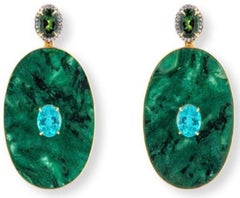 18K Gold Earring Jade Green and Tourmaline and Apatite