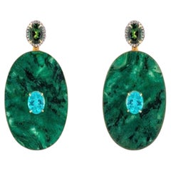 18K Gold Earring Jade Green and Tourmaline and Apatite