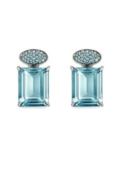 18K Gold Earring Sky Topaz and Blue Diamond Pavé Drop