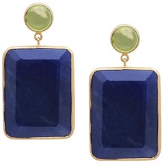 18K Gold Earring with 51.16 Carat Natural Sapphire Octagon and Peridot Cabochon