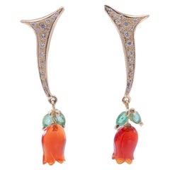 18K Gold Earrings Alif Design with Fire Opal  Diamond Pavé Navette Emerald
