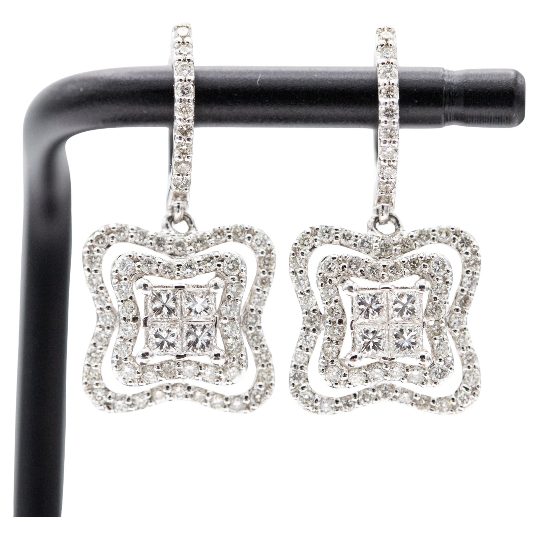 18K gold earrings - Classic dangling latch back hoops - 1.14 ct real diamonds
