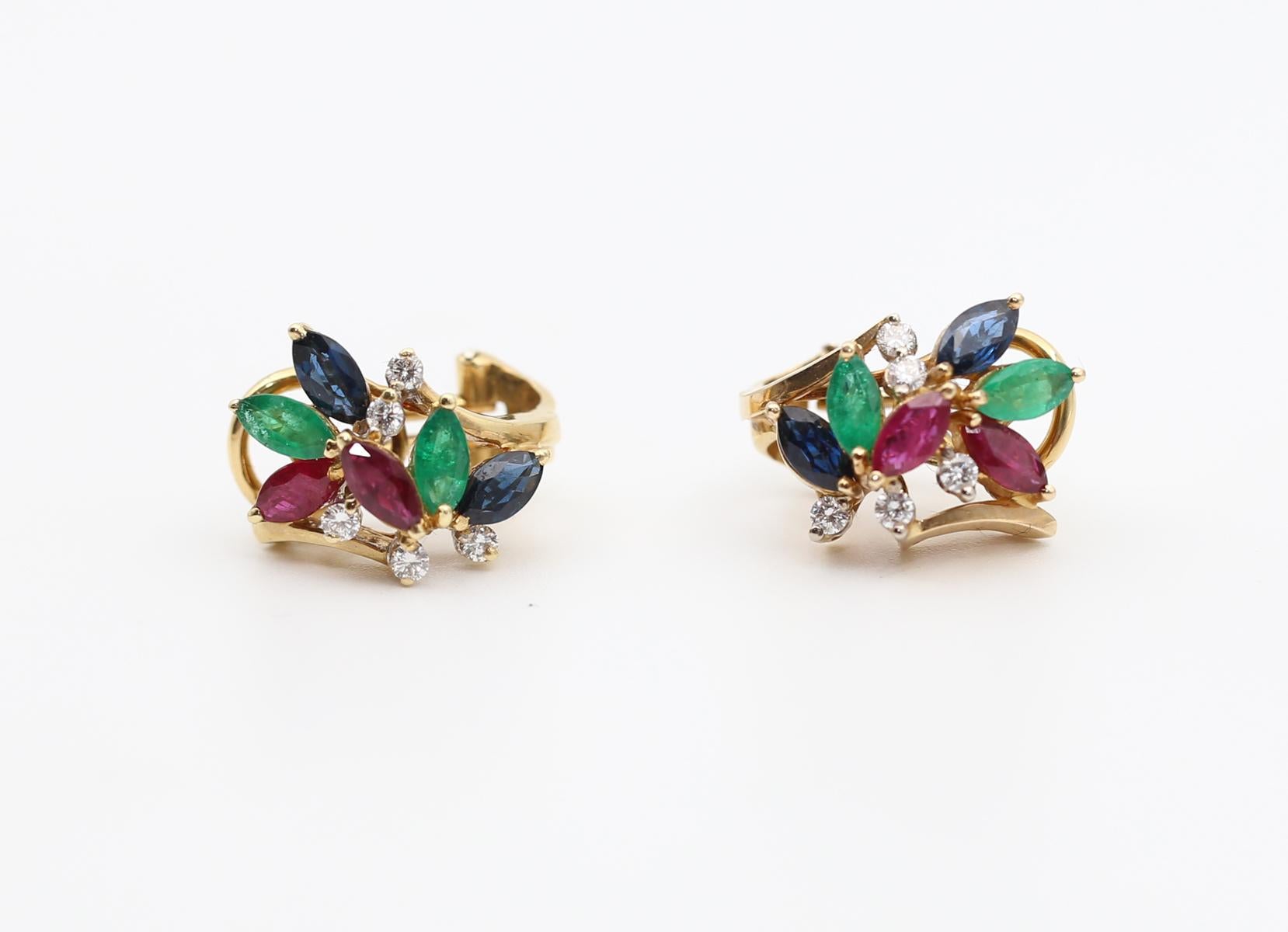 18K Gold Earrings Diamonds Emeralds Sapphires Natural Motive, Created around 2000 

A luxurious and spectacularly beautiful 18K gold earrings set with white Diamonds, Emeralds, Sapphires, and Rubies in a marquise cut with very beautiful colors,