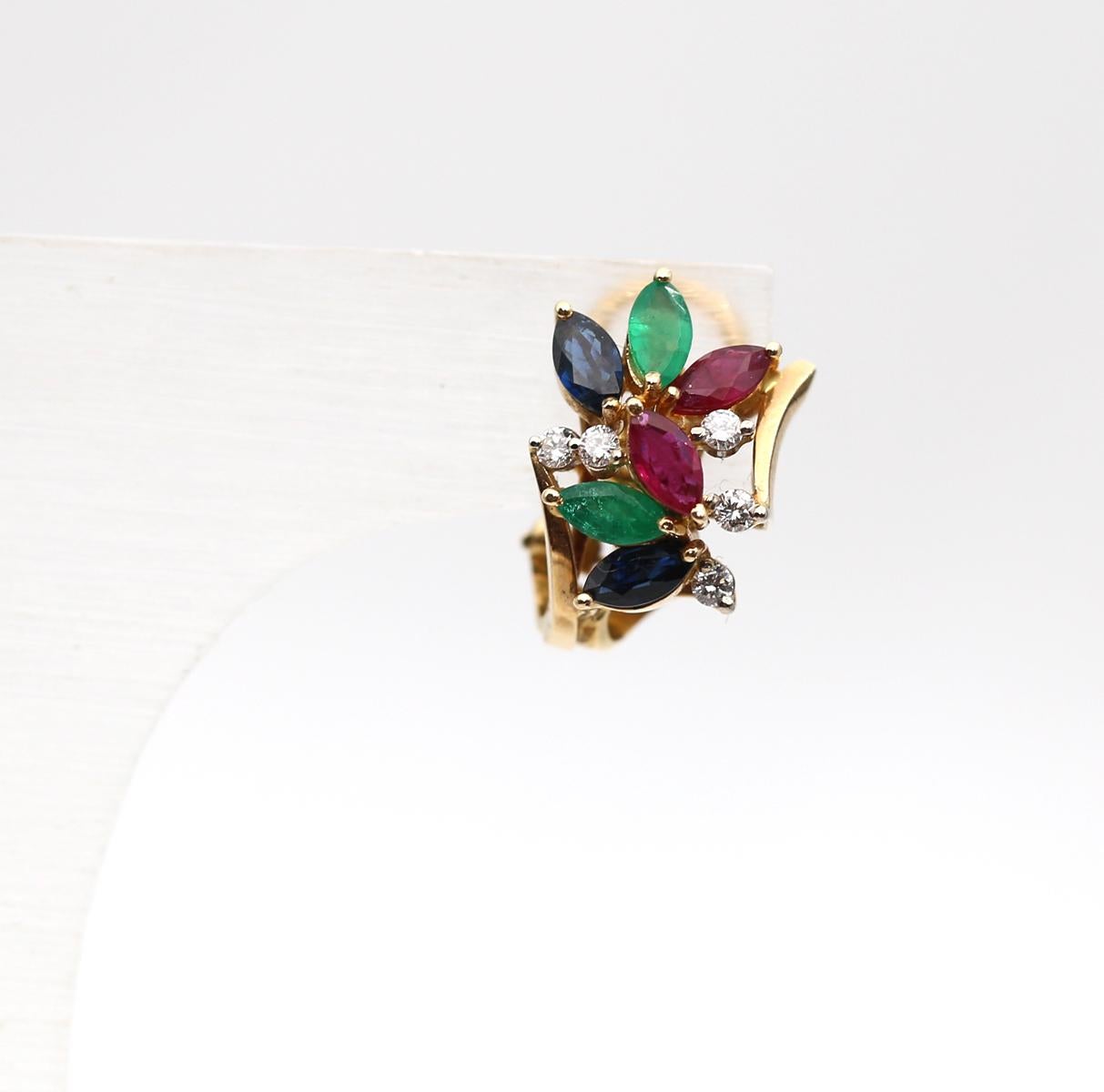 18K Gold Earrings Diamonds Emeralds Sapphires Natural Motive, 2000  For Sale 2