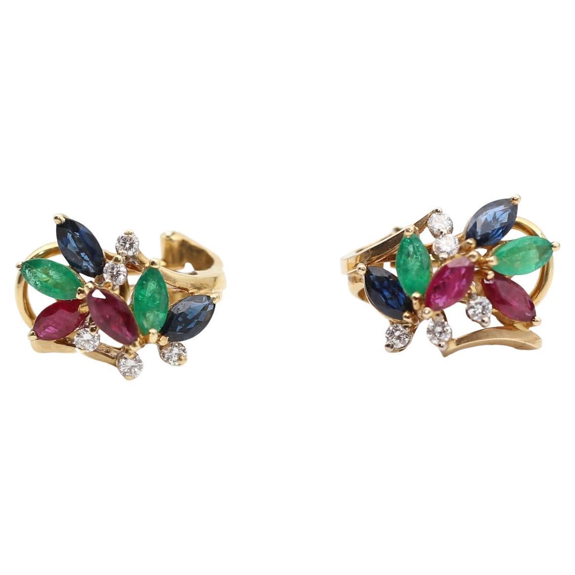 18K Gold Earrings Diamonds Emeralds Sapphires Natural Motive, 2000  For Sale