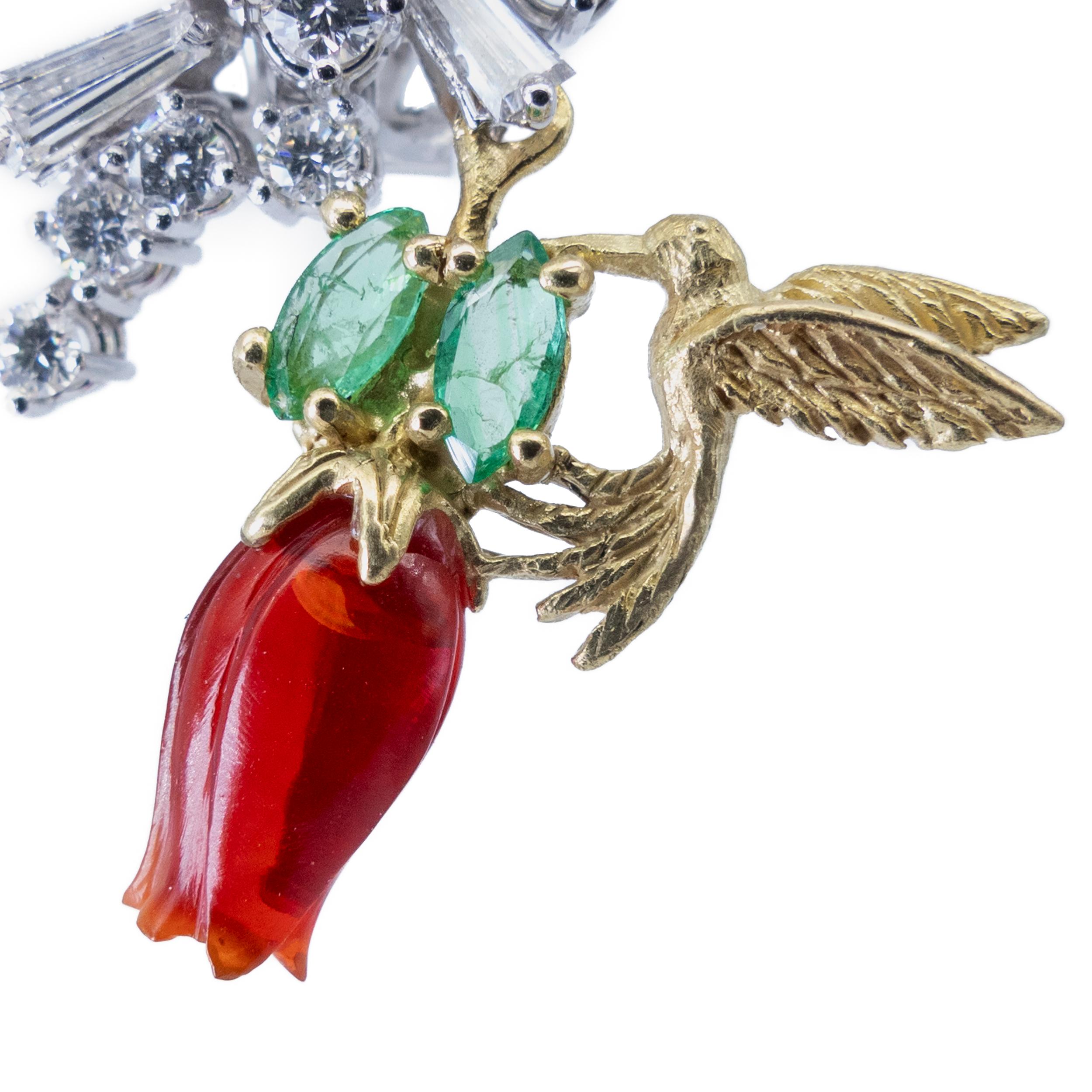 18K Gold Earrings Fire Opals Tulips Emeralds Leaves Diamonds Hummingbirds

