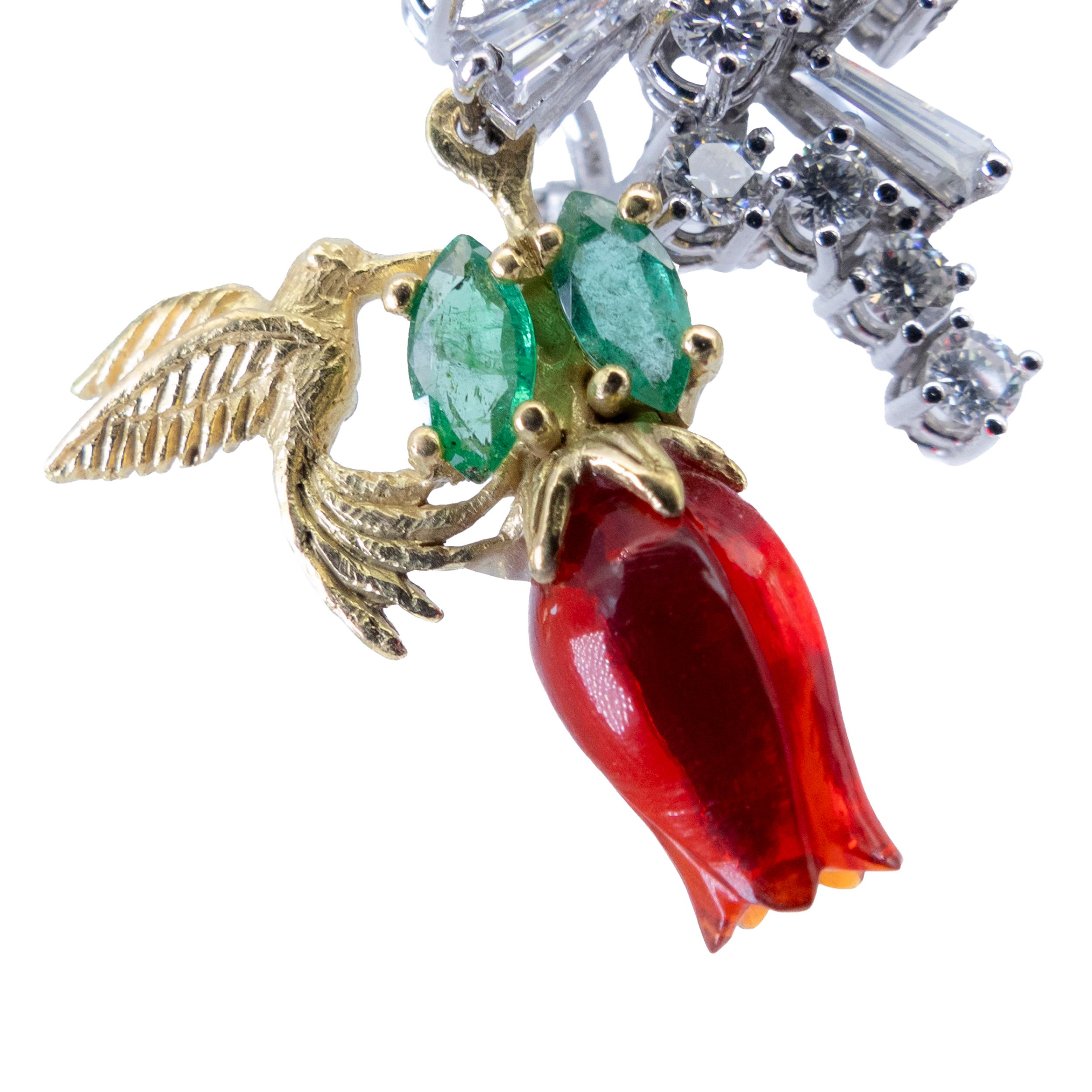 Brilliant Cut 18K Gold Earrings Fire Opals Tulip Emeralds Diamonds Hummingbirds Vicente Gracia For Sale