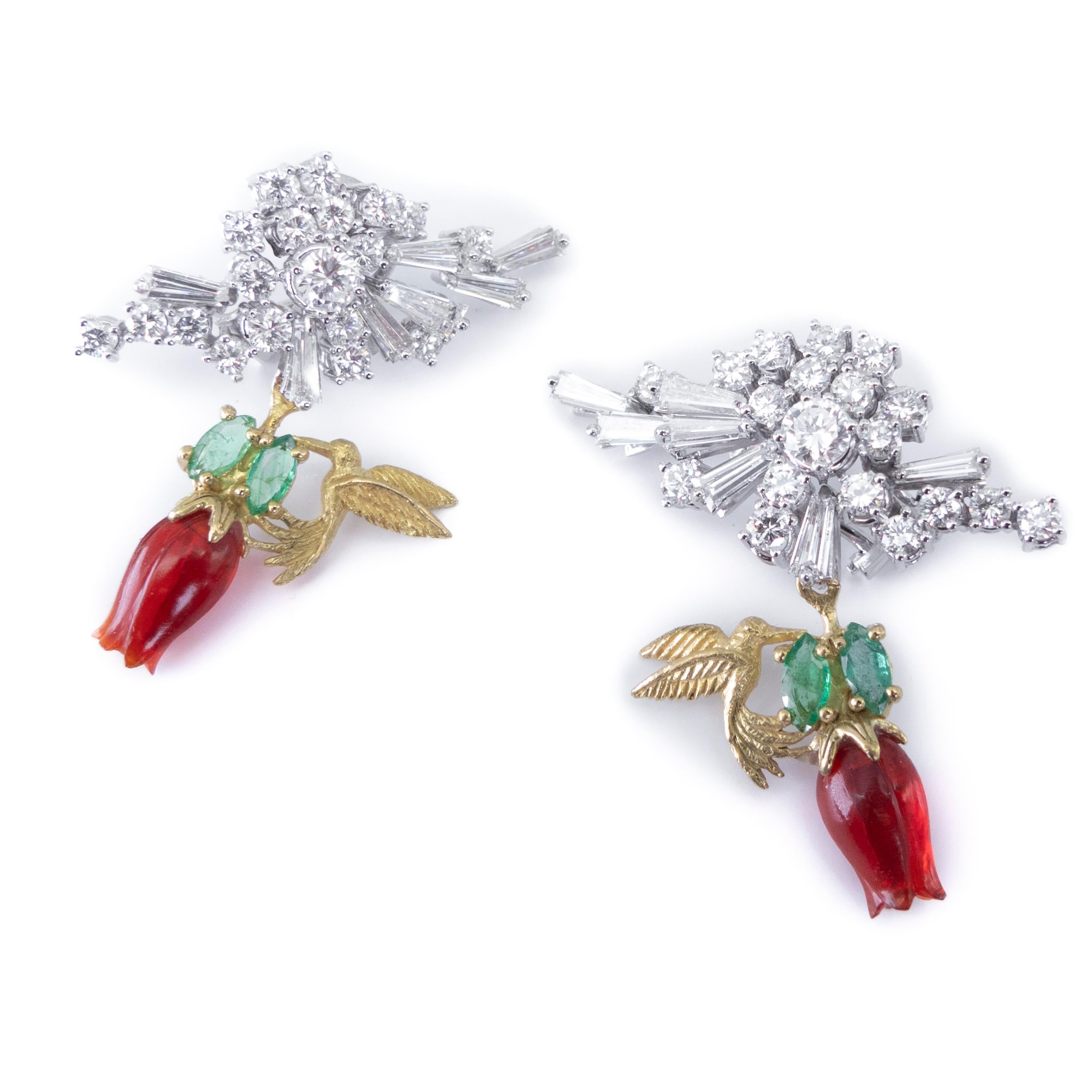 18K Gold Earrings Fire Opals Tulip Emeralds Diamonds Hummingbirds Vicente Gracia In New Condition For Sale In Valencia, ES
