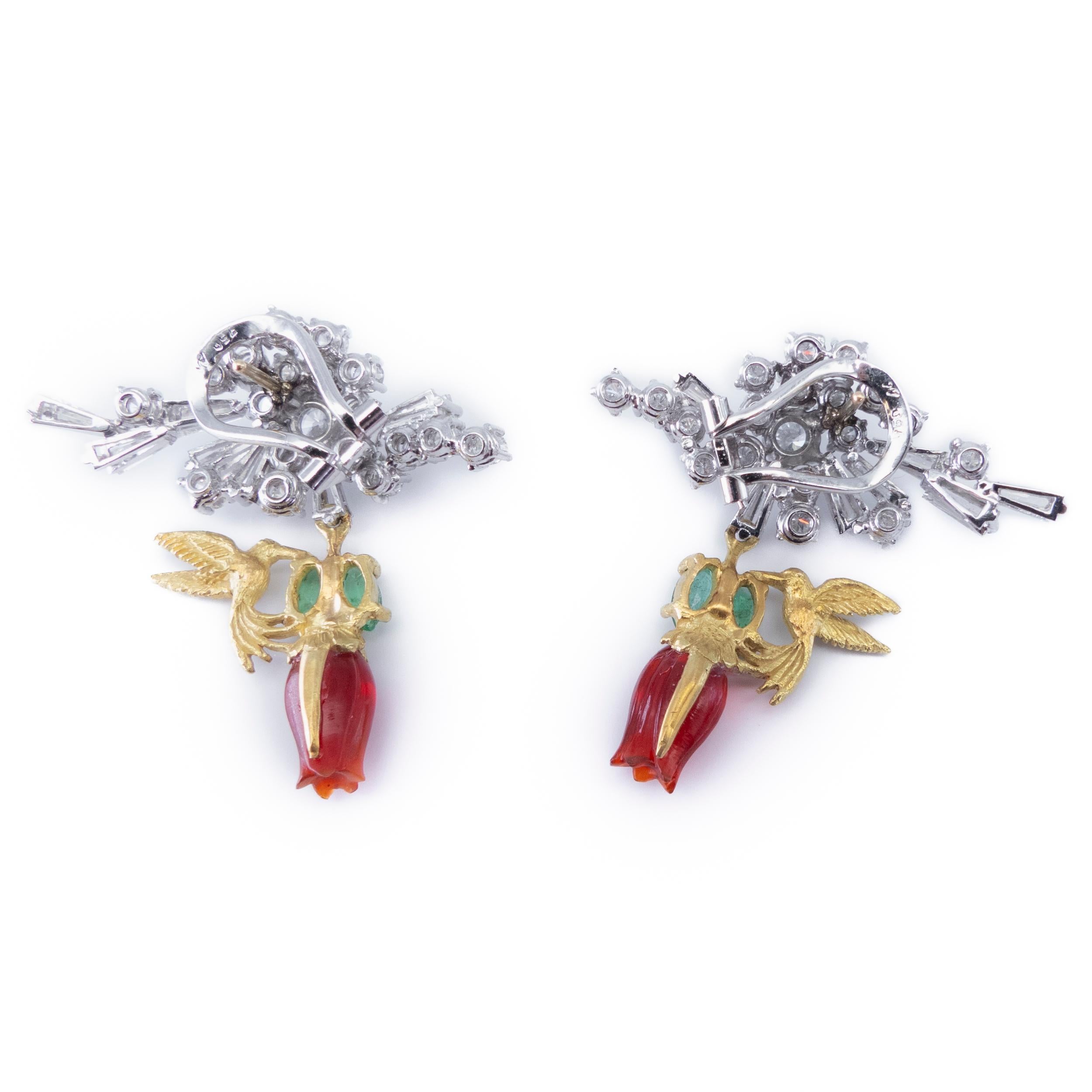 Women's 18K Gold Earrings Fire Opals Tulip Emeralds Diamonds Hummingbirds Vicente Gracia For Sale
