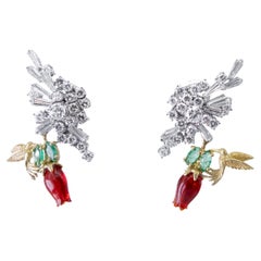 Orecchini in oro 18K Opali di fuoco Smeraldi tulipani Diamanti Colibrì Vicente Gracia
