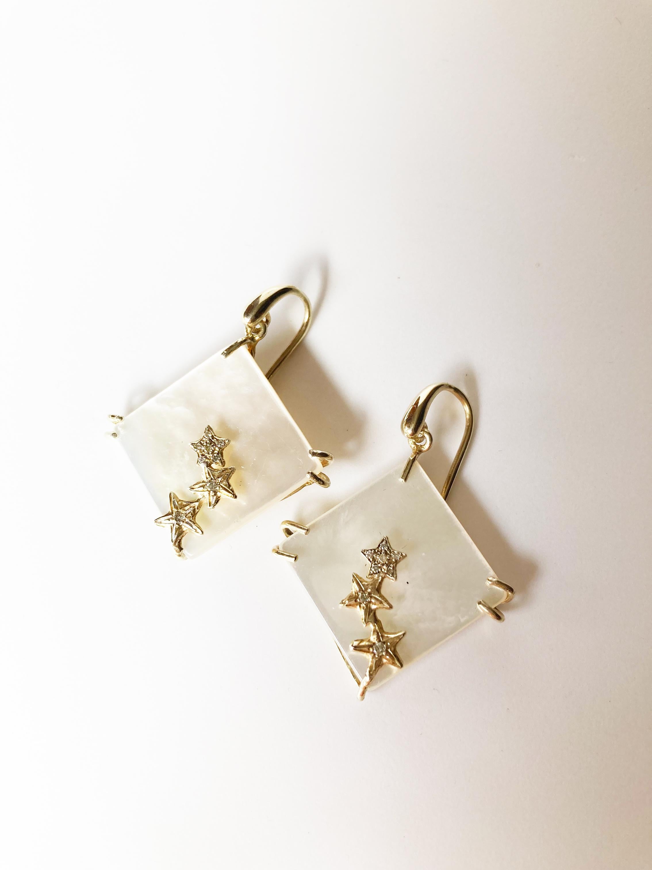 Artisan 18K Gold Earrings Gray Diamonds Stars Handcrafted Italy by Rossella Ugolini  For Sale