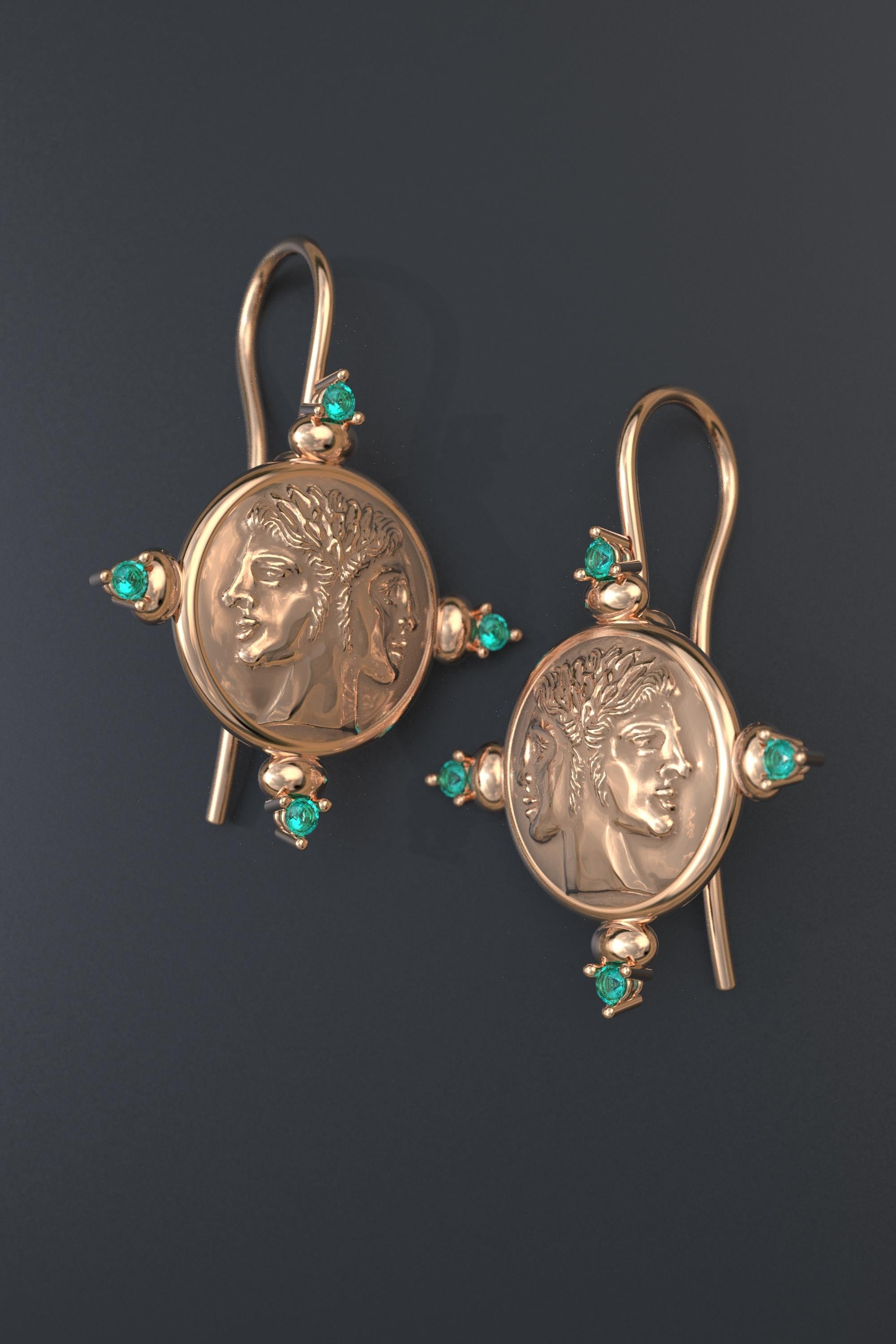 18k Gold Earrings in ancient Roman Style with natural emeralds, made in Italy In New Condition For Sale In Camisano Vicentino, VI