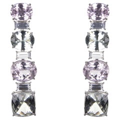 pendientes de oro de 18 quilates Kunzita oval y Prasiolita talla cojín y zafiros blancos