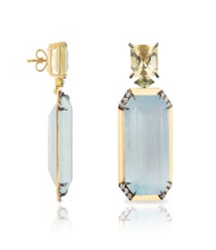 18K Gold Earrings Sky Blue Topaz and Square Beryls and Green Tourmaline Diamond