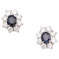 18K gold earrings - Small floral diamond and sapphire cluster studs - classic