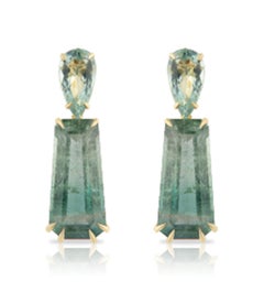 18K Gold Earrings Tourmalines Trapezoid Cut Bluish Green and Blue Beryls Pear