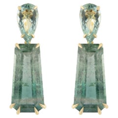 18K Gold Earrings Tourmalines Trapezoid Cut Bluish Green and Blue Beryls Pear