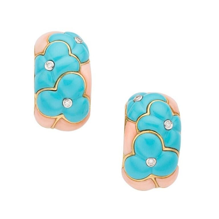 Modern 18k Gold Earrings with 0.08ct Diamond, Carved Turquoise and Coral For Sale
