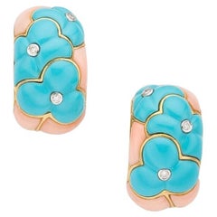 18k Gold Earrings with 0.08ct Diamond, Carved Turquoise and Coral