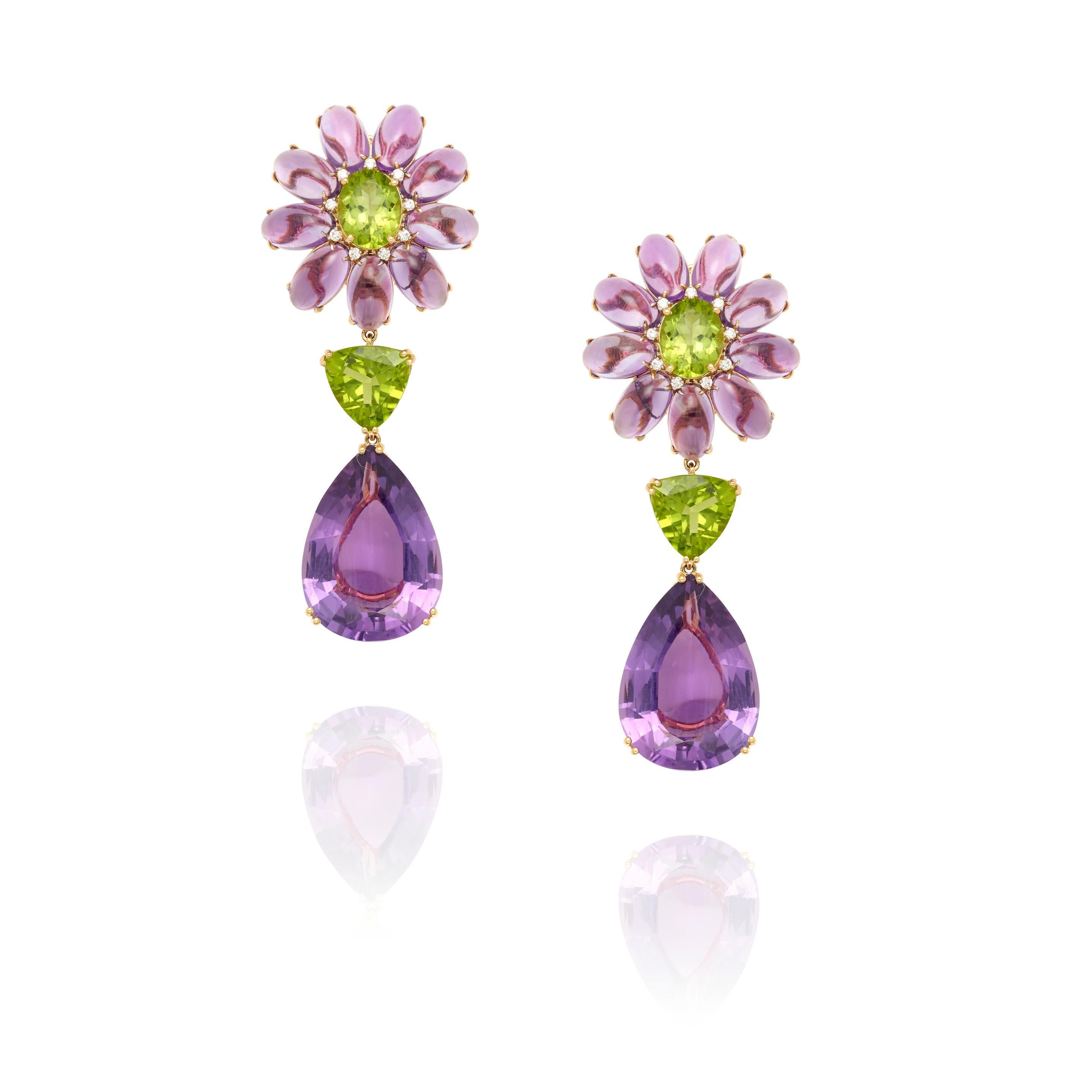Modern 18k Gold Earrings with Amethyst, Peridot and 0.18 Carat Diamond, 40.2g For Sale