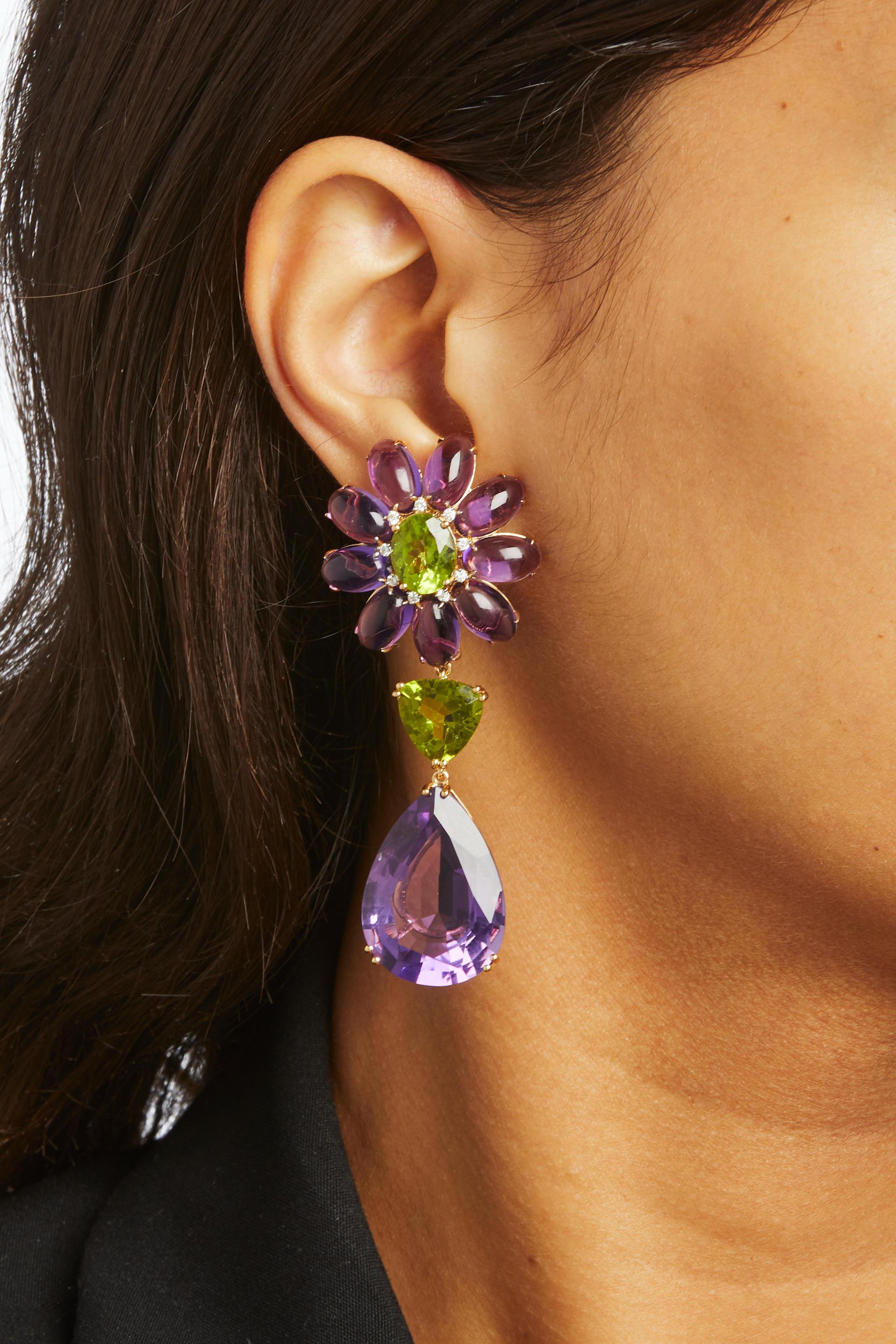 18k Gold Earrings with Amethyst, Peridot and 0.18 Carat Diamond, 40.2g For Sale 2