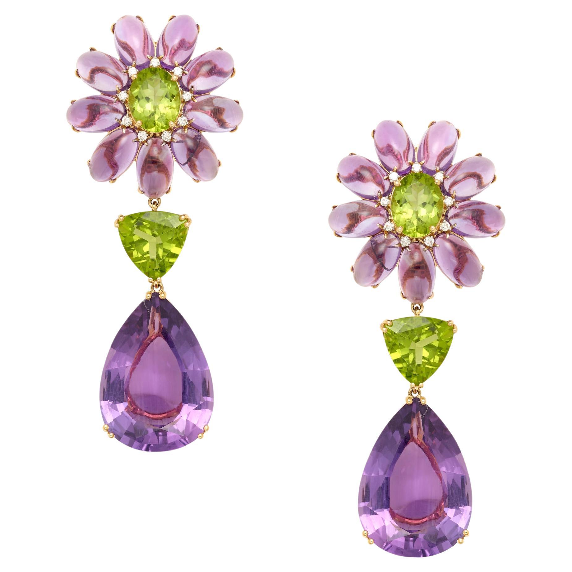 18k Gold Earrings with Amethyst, Peridot and 0.18 Carat Diamond, 40.2g For Sale