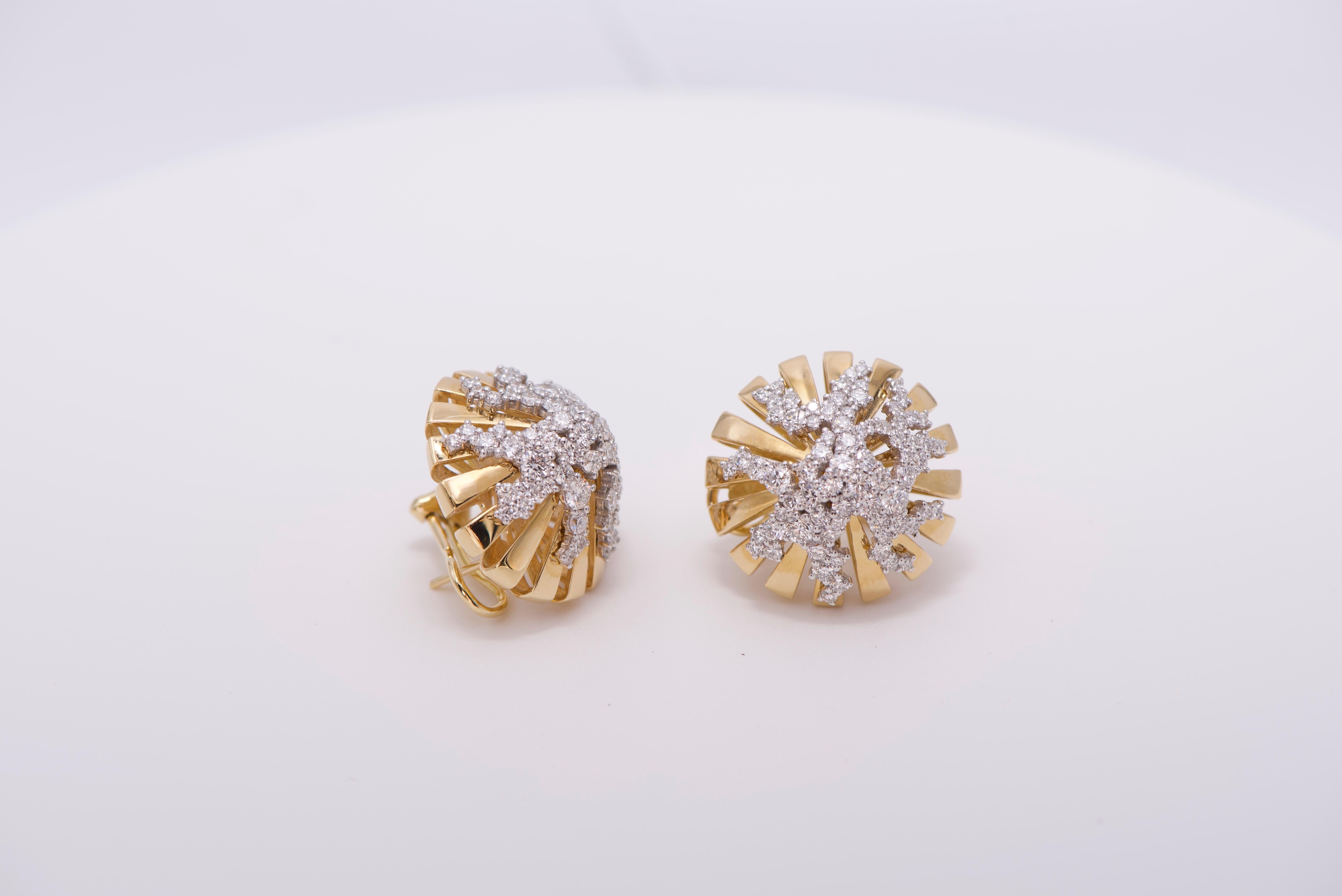 Earrings in 18K yellow gold with cluster of white diamonds (approx. 4.78 carats) set in 18K white gold. These earrings are from Miseno's Vesuvio collection which is inspired by Mount Vesuvius located on the Gulf of Naples. The shape of these