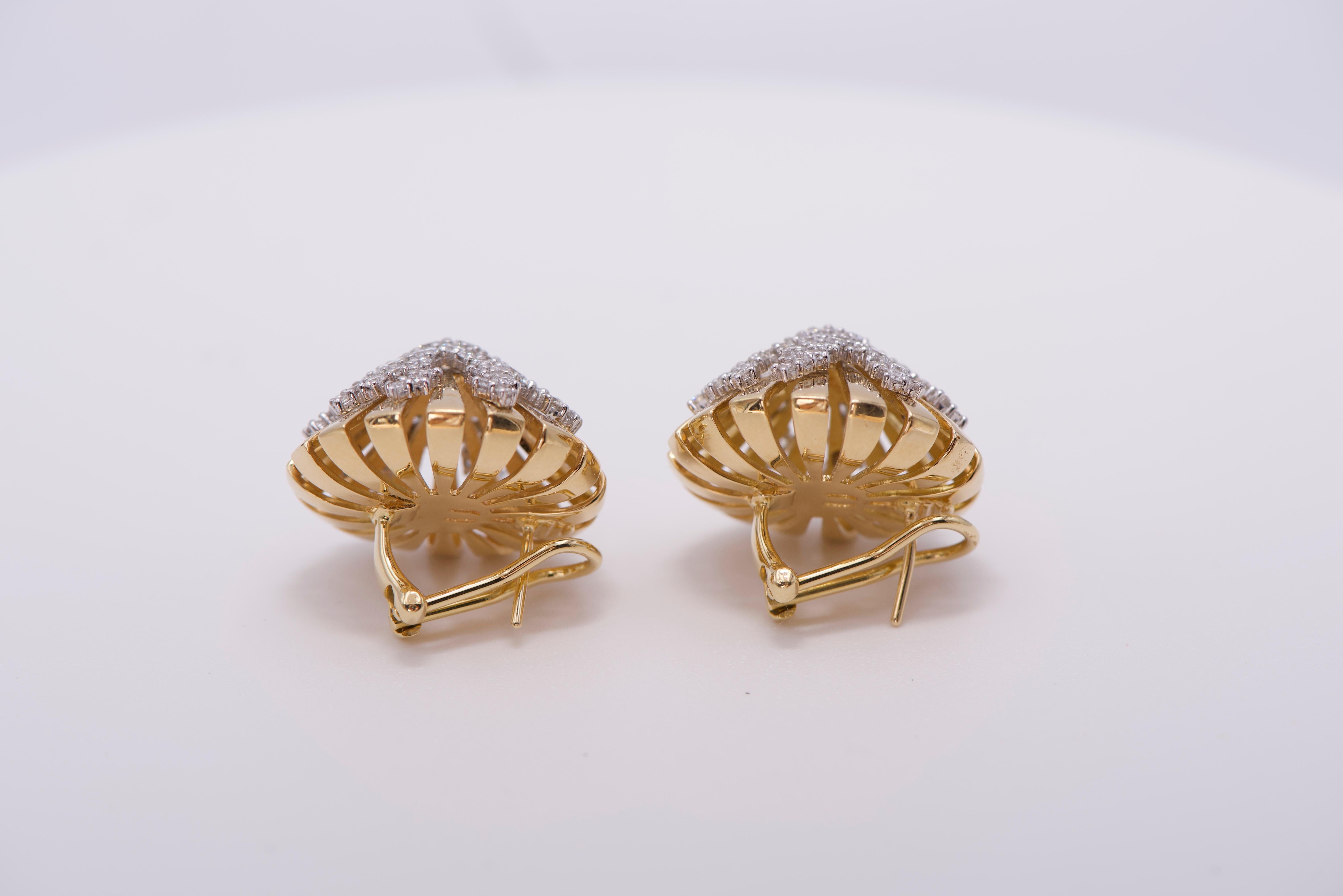 Round Cut 18K Gold Earrings with Cluster of Diamonds For Sale