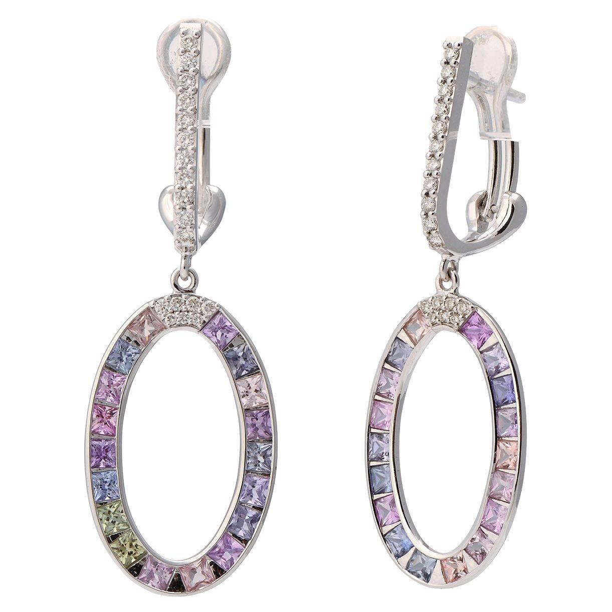 18K Gold Earrings with Diamonds and Multi-Color Sapphires For Sale