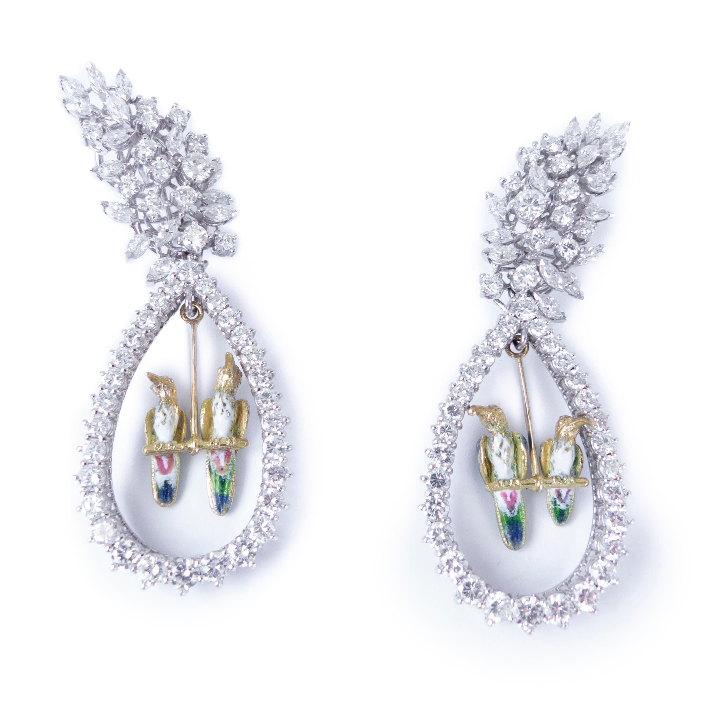 Modern 18k Gold Earrings with Diamonds Marquise Cut Enamel Birds Detachable Design For Sale