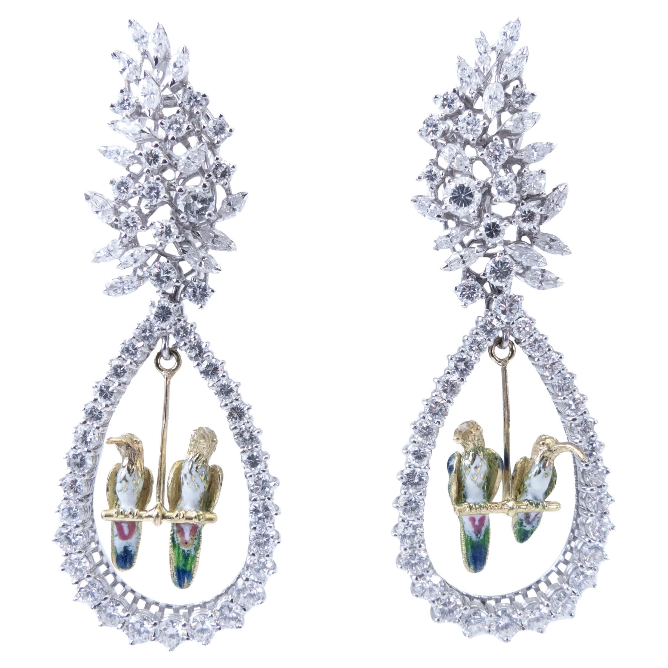 18k Gold Earrings with Diamonds Marquise Cut Enamel Birds Detachable Design