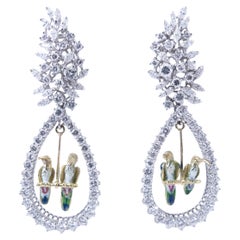18k Gold Earrings with Diamonds Marquise Cut Enamel Birds Detachable Design